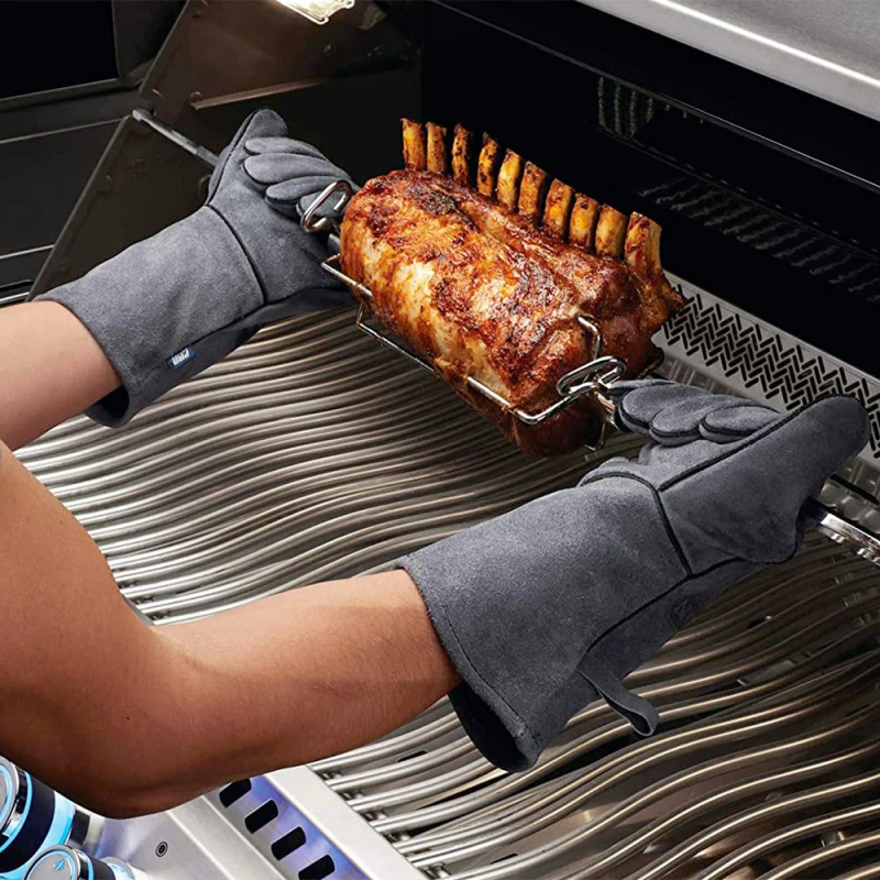 Wear welding gloves to handle hot grilled meat