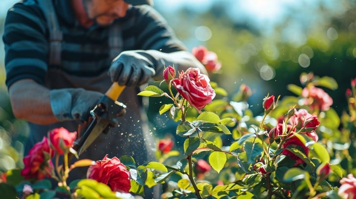 Wearing welding gloves to trim roses