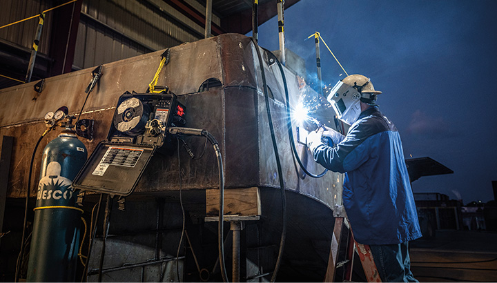 Welding work is being carried out at the shipyard