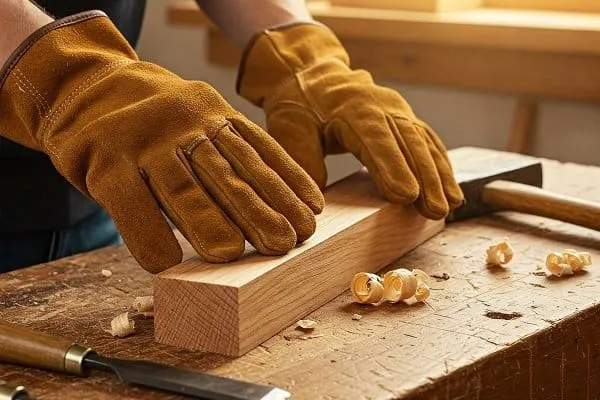 Carpenters wear welding gloves to cut